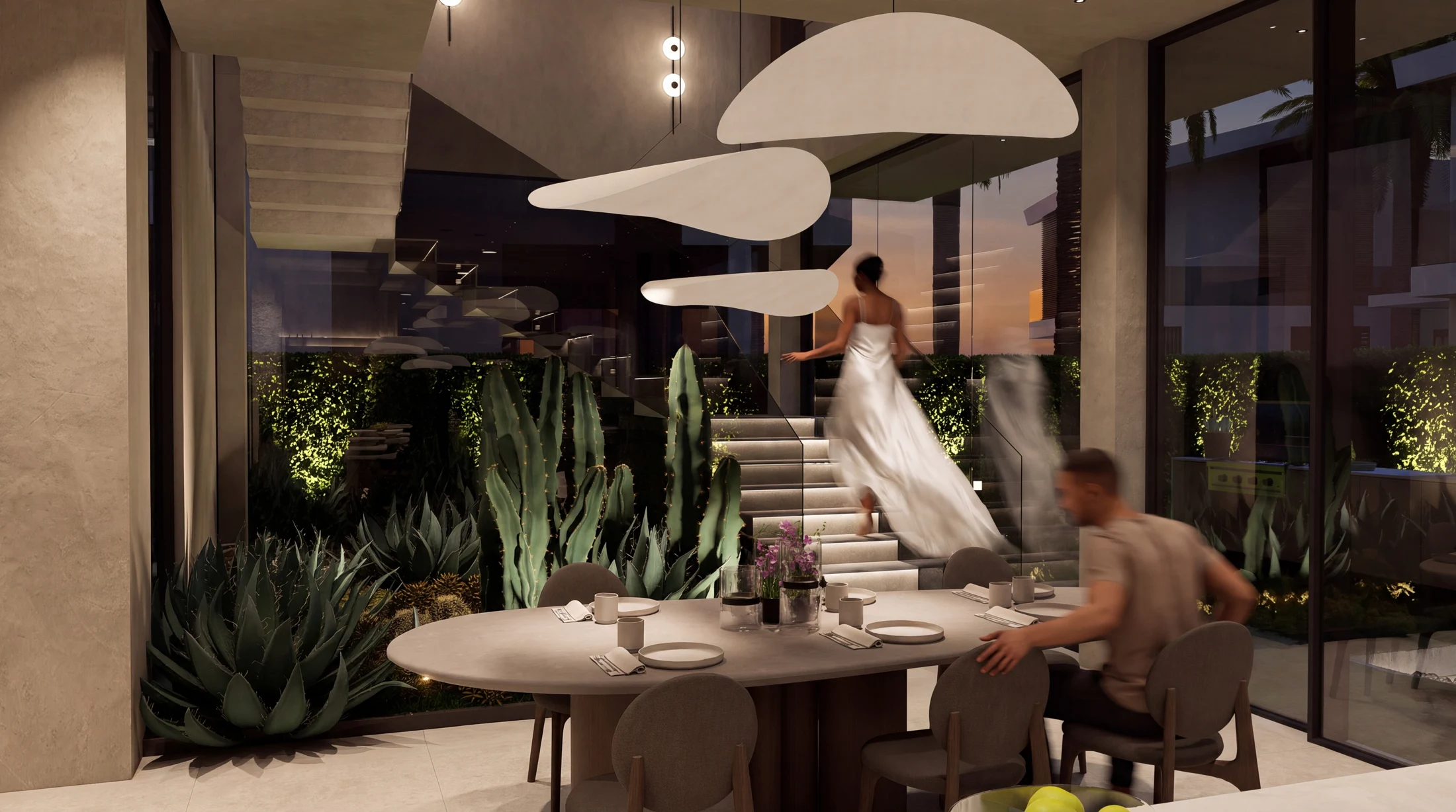 Visualización conceptual del comedor integrado con el jardín