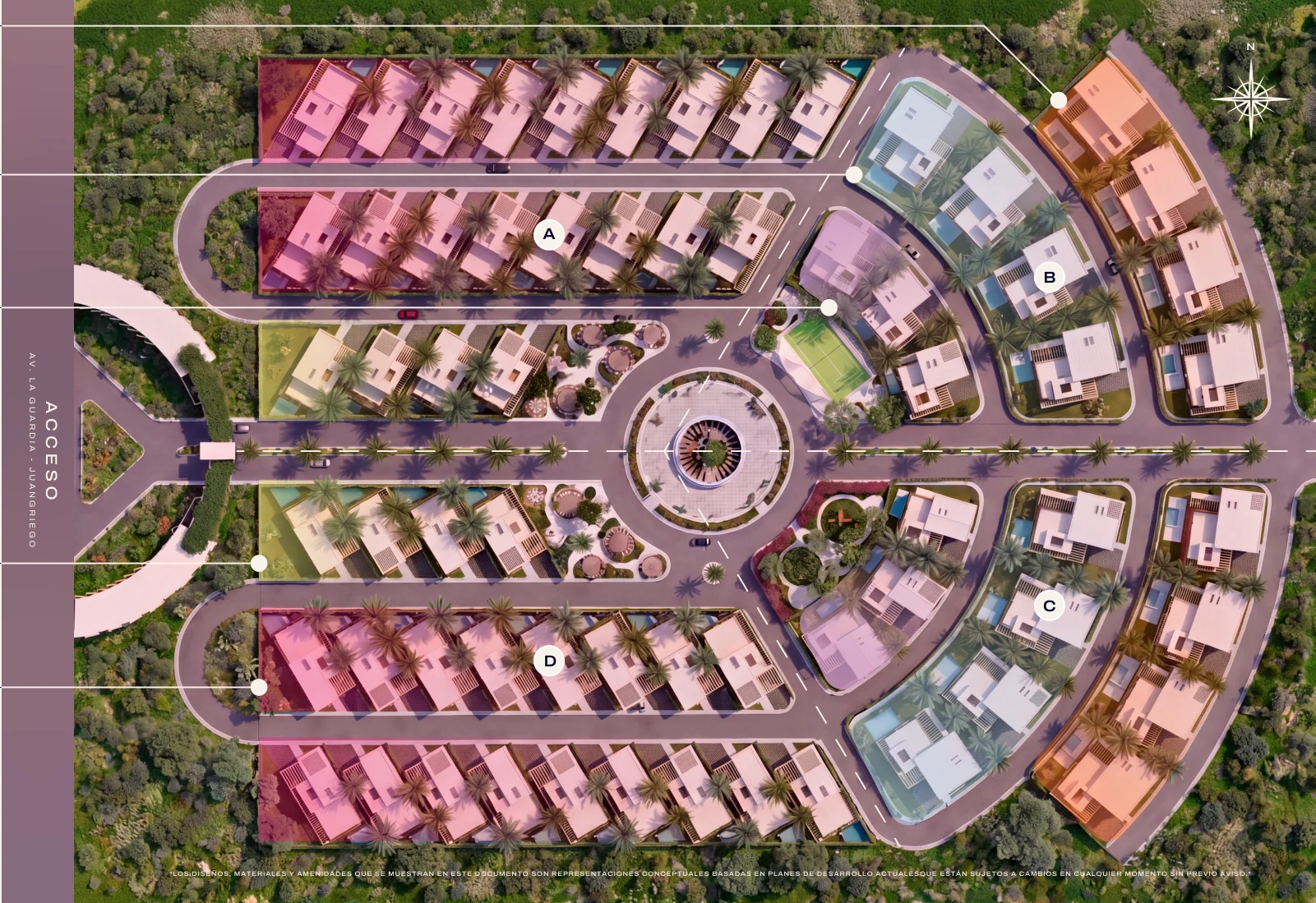 Plano de conjunto de AMŪN Villas, etapa 1, con los sectores A, B, C y D