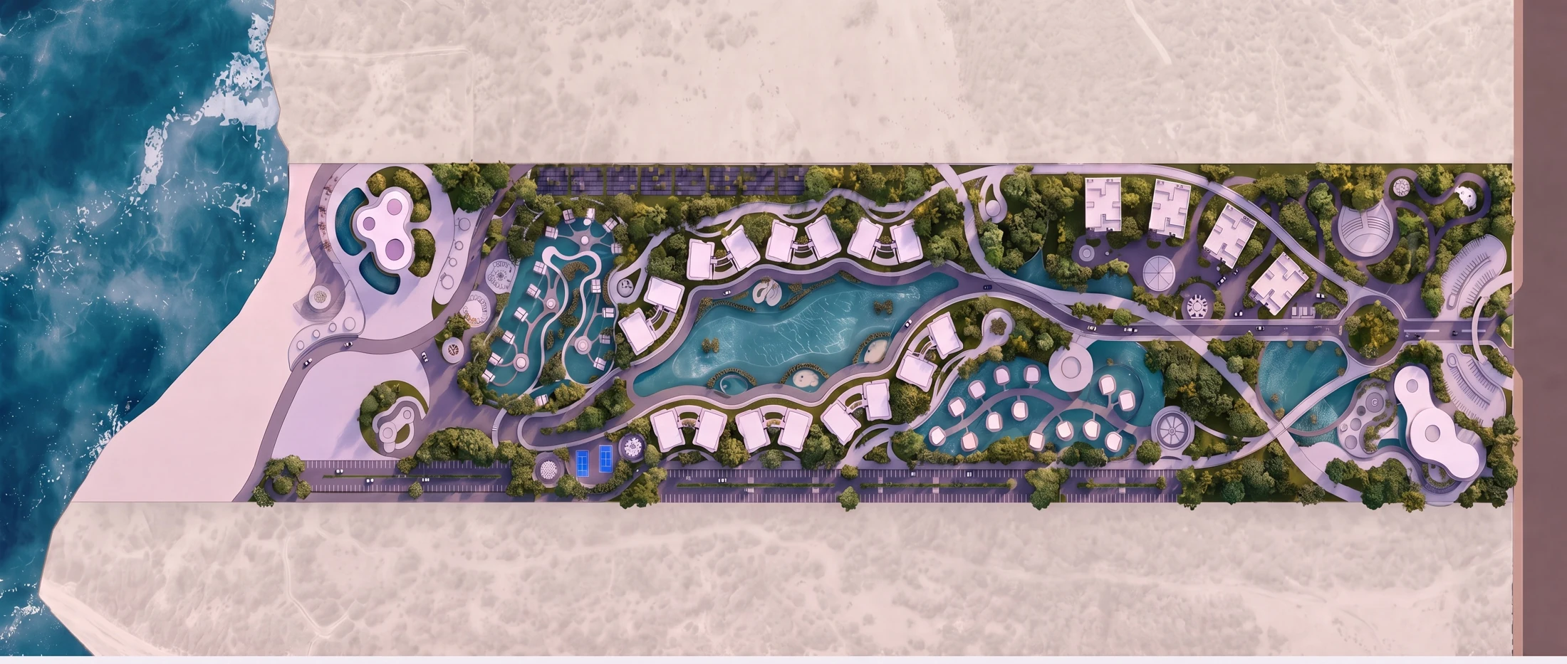 Implantación conceptual de AMŪN Etapa 2, con laguna, residencias y equipamiento